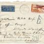Courrier par avion du commandant des FNFL au Gabon pour un officier du quartier général des FNFL à Londres, posté de Libreville le 25 juillet 1942, cachet "Contrôle postal Afrique équatoriale française Commission C" de Libreville, transit à Lagos le 28 juillet, bande et marques de censure du Nigeria.